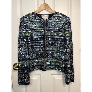 Vintage Adrianna Papell Evening Blue Beaded Silk Jacket Size Small